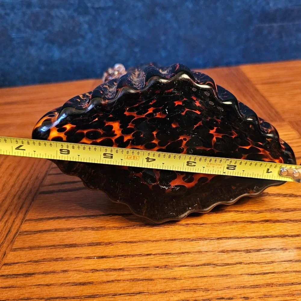 Vintage Art Glass Tortoiseshell Purse Vase Amber Brown Leopard Print Hand Blown